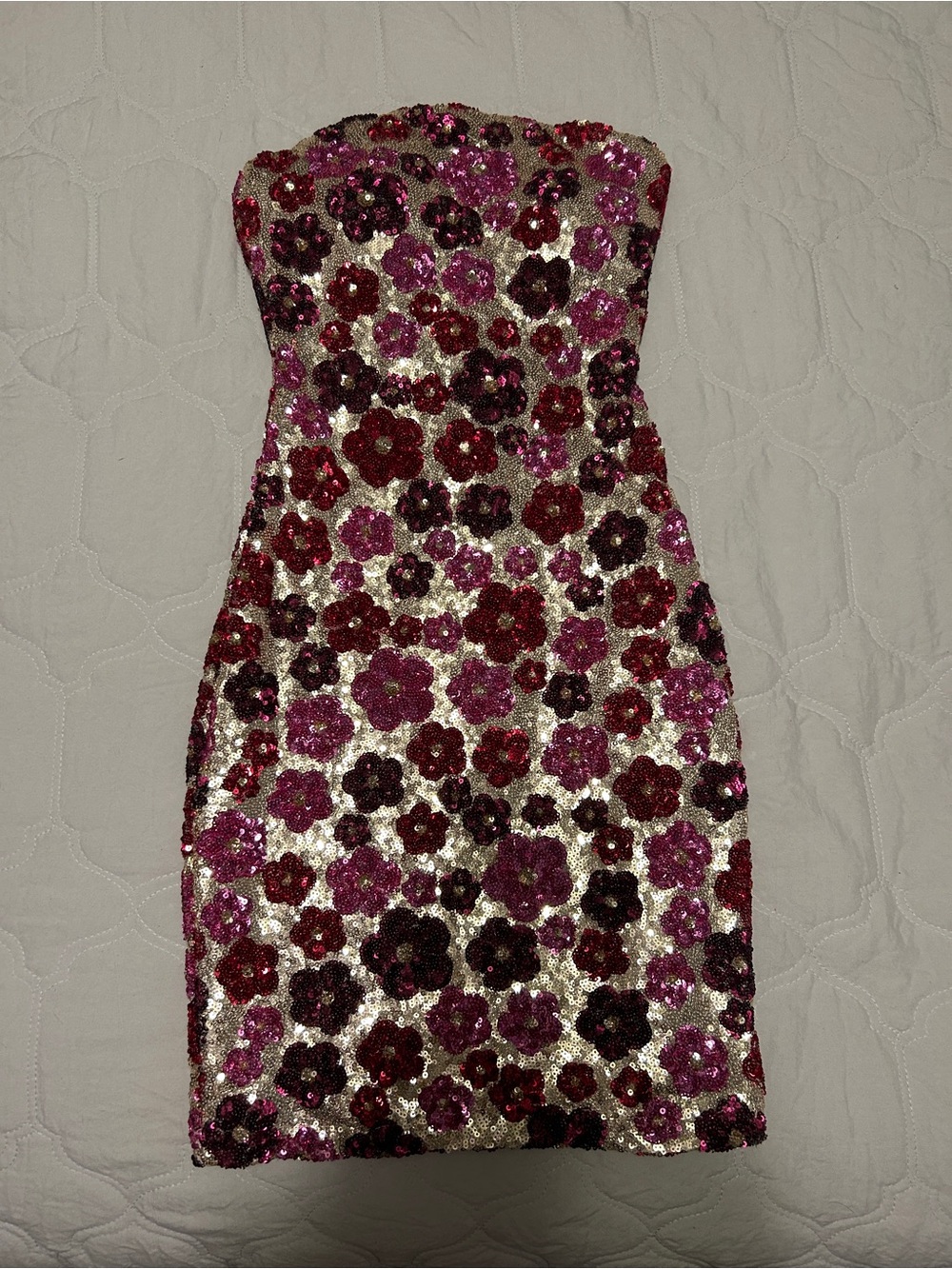 Strapless Sequin Floral Mini Dress - Pink & Red with Gold.
